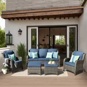5 Pieces Patio Furniture Set, Outdoor Wicker Sofa with Ottoman, Chairs, All Weather High Back Rattan 3 seat Couch with Comfy Cushions