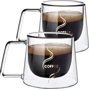 1-2pcs200ml glass mugs with handles, double layer coffee mugs with gold label, espresso cups, Drinkware. Ideal for restaurants, parties, holiday gifts and birthday gifts for family and friends.