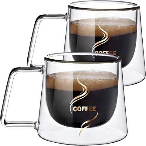 1-2pcs200ml glass mugs with handles, double layer coffee mugs with gold label, espresso cups, Drinkware, Glass beverage cups. Ideal for restaurants, parties, holiday gifts and birthday gifts for family and friends.