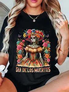 100% Cotton Unisex Dia De Los Muertos La Catrina Sugar Skull Day of Dead Women T-Shirt