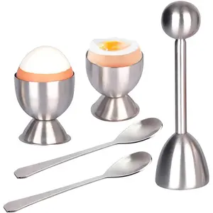 Egg Cracker Topper Set of 5 - Includes 2 Egg Cups, 2 Spoons and 1 Cutter - Stainless Steel Easy Egg Opener