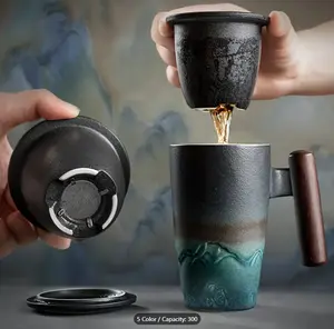 Handmade Ceramic Coffee/Tea Cup Large Ceramic Filter Creative Retro Cup Traditional Tea Cup Ceramic Cup Business Gift Set Drinkware Green Drinkware Green mug