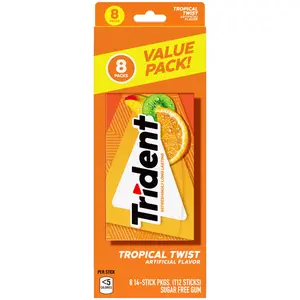 Trident Sugar Free Gum, Tropical Twist, Value pack, 8 packs of 14 Pieces (112 Regular Size Pieces)