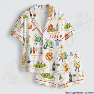 Italy Travel Satin Pajama Set, Tuscany Vacation Pajamas, Florence Duomo Loungewear, Summer Italy Trip Gift, Silky PJs