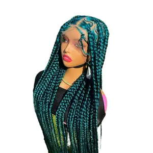 Full Lace Teal Braided Wig Bold Knotless Box Braids 30 inches for Stylish Looks