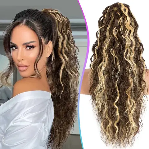 Women's 26" Synthetic Wavy Curly Drawstring Ponytail Extension - Strong Hold, Fluffy Look, Natural Appearance, Heat-Resistant, Quick Clip Styling, with Colorful Tinsel Kit for Daily Ponytail Hairstyles
