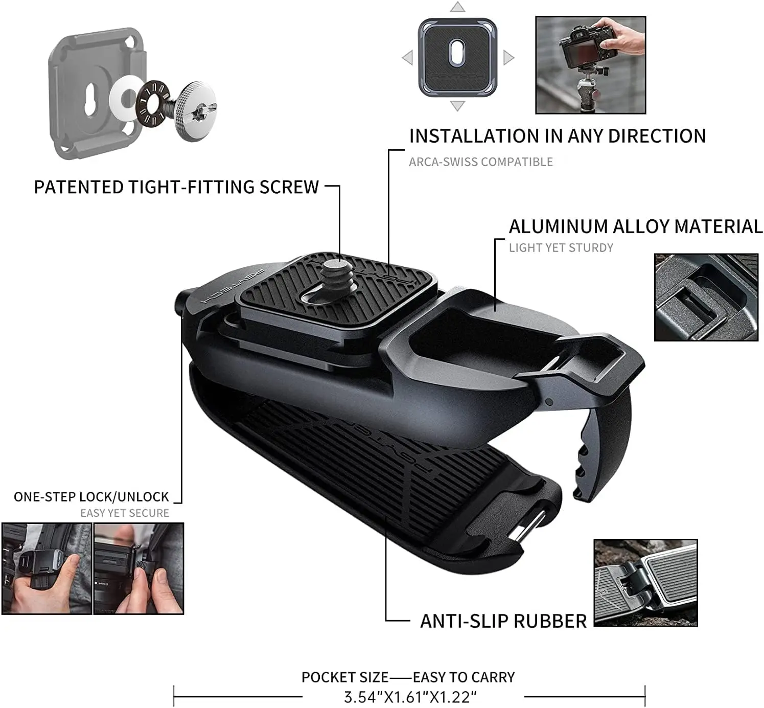 PGYTECH Beetle Camera Clip with Plate Camera Quick Release System for Sony, Nikon, Fuji, DSLR Action Camera Backpack Camera Strap Mount