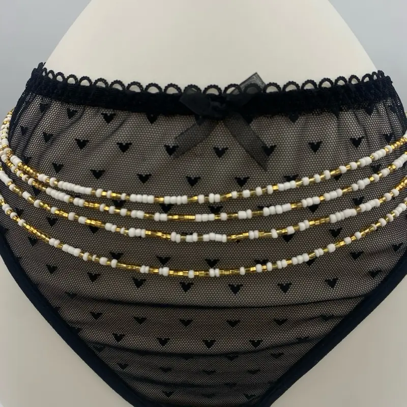 White & Gold Waist Beads – African Waist Jewelry, Body Jewelry – Tie-On (45”-50”) – Add to Cart, Buy Now – Elegant & Stylish – Price Per Item