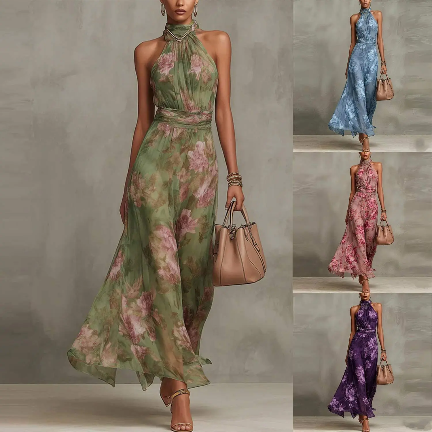 Elegant Halter Neck Floral Maxi Dress - Flowy Sleeveless Sundress for Summer Vacations, Weddings & Garden Parties.  #ElegantDress #OOTD2026 #ResortWear