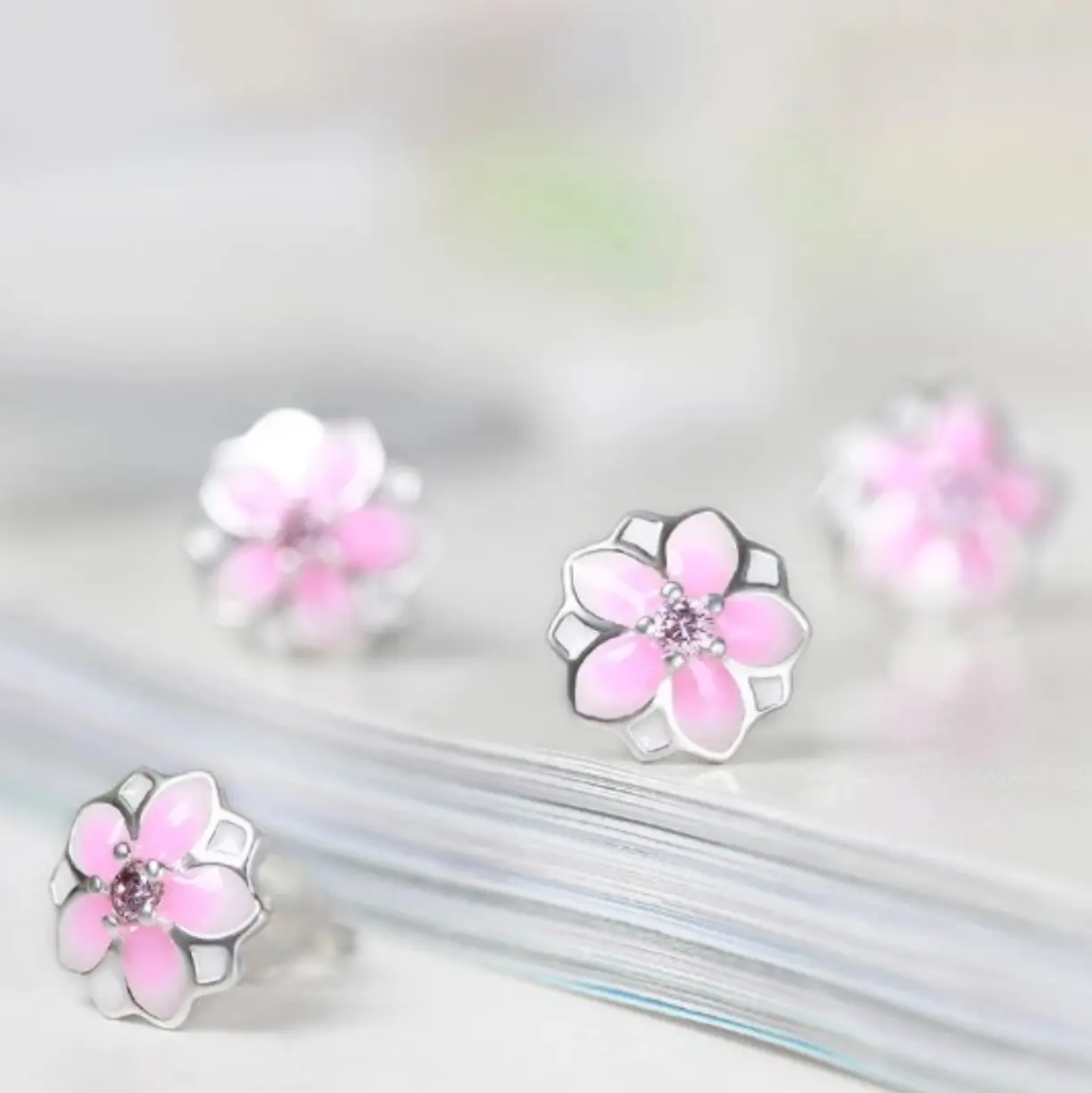 Elegant 925 Sterling Silver Pink Daisy Cherry Blossom Earrings