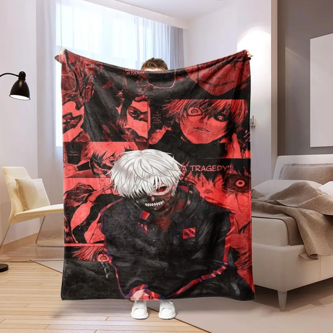 1PC Tokyo Ghoul-themed Flannel Throw Blanket Ultra-soft Cozy Black Red Color Scheme Anime Fans Daily Cover for Bedroom Living Room Lightweight Warmth Home Decoration