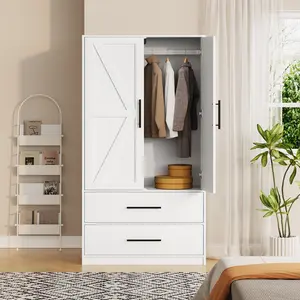 HOOBRO Armoire Wardrobe Closet with 2 Drawers, 70.9" Tall Wardrobe Cabinet with Hanging Rod, 2 Doors Bedroom Armoires, Farmhouse Clothing Storage Cabinet, Wooden Armoire for Bedroom, White