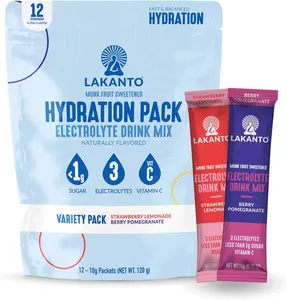 Lakanto Hydration Pack Electrolyte Drink Mix - On The Go Hydration, Travel Size, Muscle Recovery, Vitamin C, Magnesium, Potassium, Sodium, Replenisher, Sports Nutrition Drink Packets, Performance, Recovery - Variety Pack (2 Flavors - 12 Sticks)