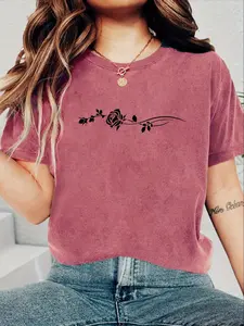 Women's Floral Rose Print Round Neck Tee, Fashion Casual Crew Neck T-Shirt for Daily Holiday Vacation Outdoor Wear, Ladies Clothes for All Seasons Womenswear