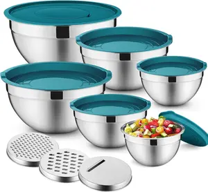 Mixing Bowls with Lids Set of 6, Stainless Steel Nesting Salad Bowl & 3 Grater Attachments for Prepping Storing, 4.6/2.6/2/1.5/1/0.7 QT, Blue