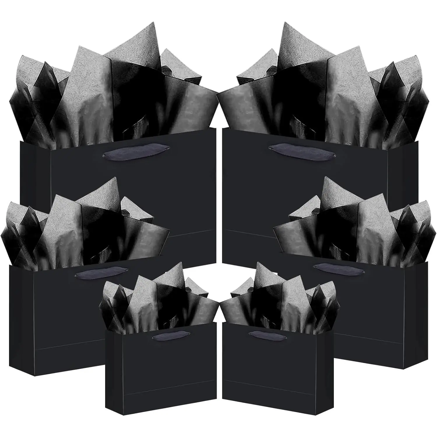 10 count Black  Bags with Ribbon Handles Mulit Assorted Sizes  Wide Bags (2pcs Large 13", 4 count Medium 9.6", 4 count Small 6.3",22pcs Tissue Paper)