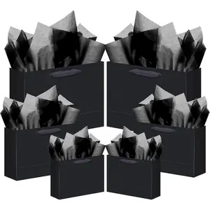 10 count Black  Bags with Ribbon Handles Mulit Assorted Sizes  Wide Bags (2pcs Large 13", 4 count Medium 9.6", 4 count Small 6.3",22pcs Tissue Paper)