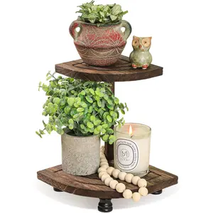 Tikea Decorative Wood Riser for Display, 2-Tier Rustic Corner Shelf for Kitchen Bathroom Counter Decor, Farmhouse Riser for Soap Dispenser and Plant (Brown)
