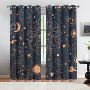 Bohemian Celestial Sun Moon Star Curtains,Dark Blue & Copper Gold Astrology Themed Window Drapes,Blackout Thermal Insulated Curtains,Light Blocking Noise Reducing Decor Curtains,Easy Install Boho Curtain Panels for Bedroom Meditation Room