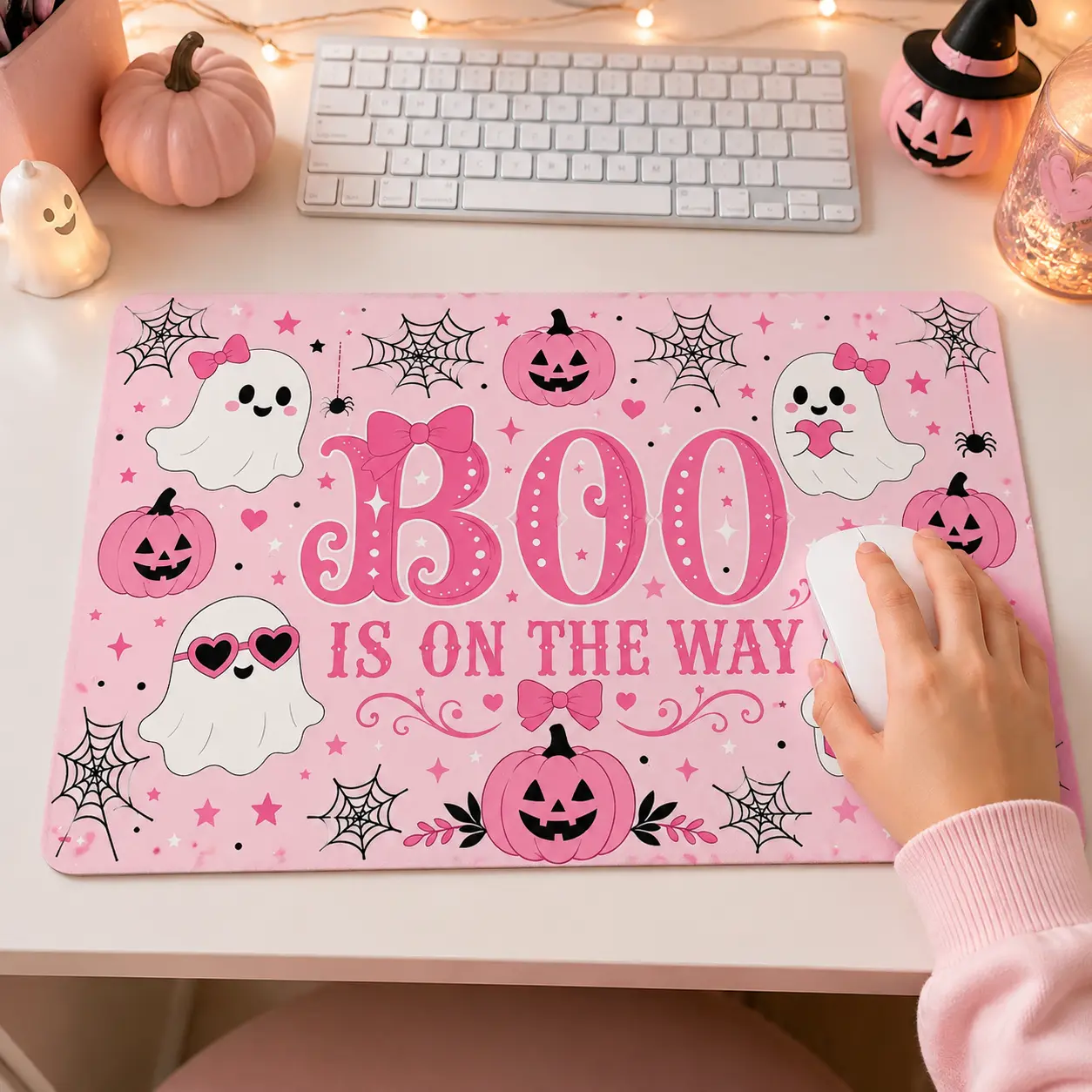 Cute Pink Halloween Mouse Pad 12 x 8 Inch, Diatom Mud Desk Mat with Ghost and Pumpkin Design, Kawaii Office Gaming Desk Decor