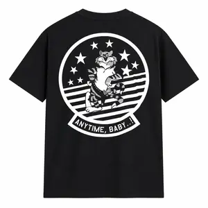 F-14 Tomcat “Anytime, Baby!” Double-Sided T-Shirt, US Navy Fighter Jet Squadron Patch Tee, Top Gun Inspired Naval Aviation Graphic with Back Print and Front Chest Badge, Unisex Pilot Veteran Gift