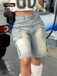 Vintage Washed High-Waisted Cargo Denim Shorts, Y2K Aesthetic Streetwear, Perfect for Summer Beach Days & Mall Runs