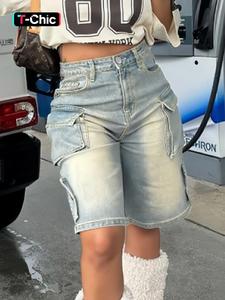 Vintage Washed High-Waisted Cargo Denim Shorts, Y2K Aesthetic Streetwear, Perfect for Summer Beach Days & Mall Runs