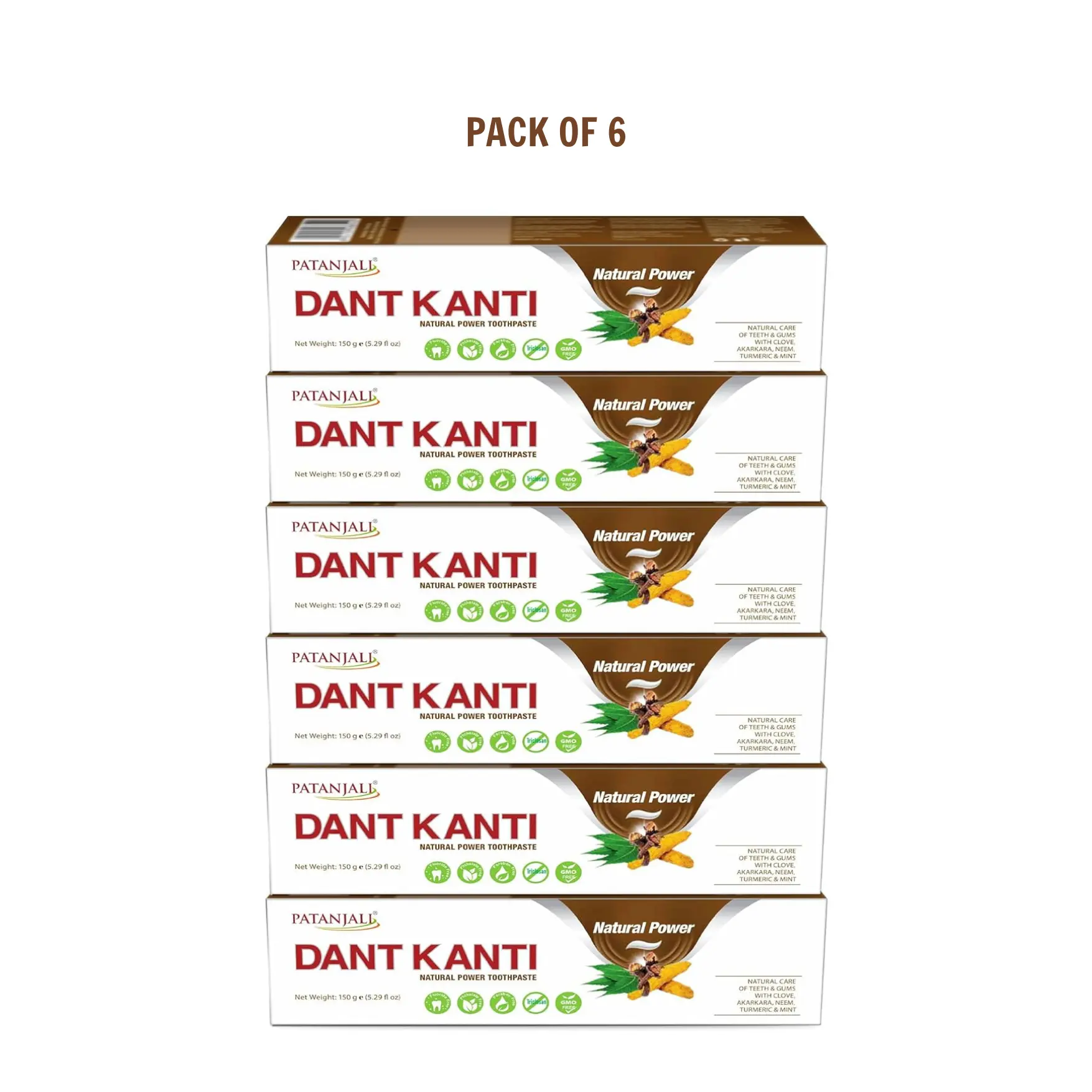 Patanjali Dant Kanti Natural Toothpaste (Pack of 6, 150g/5.29fl oz) - Herbal Ayurvedic, Fluoride-Free for Strong Teeth, Healthy Gums, Fresh Herbal Flavor