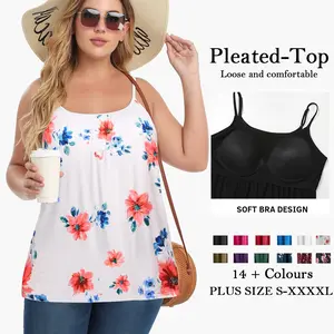 Plus Size Tank Top for Women with Built in Shelf Bra Adjustable Strap Camisole Summer Basic Flowy Swing Pleated Cami Tanks Sleeveless Loose fit Vest for Workout Sleeping Traveling Daily Wear Springtok