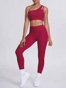 Women's Sports Bra Long Pants Set, Asymmetrical Yoga Bra High Waist Belly Control Leggings ,Tight Fit 2 Piece Sport Wear Gym Pilates Training