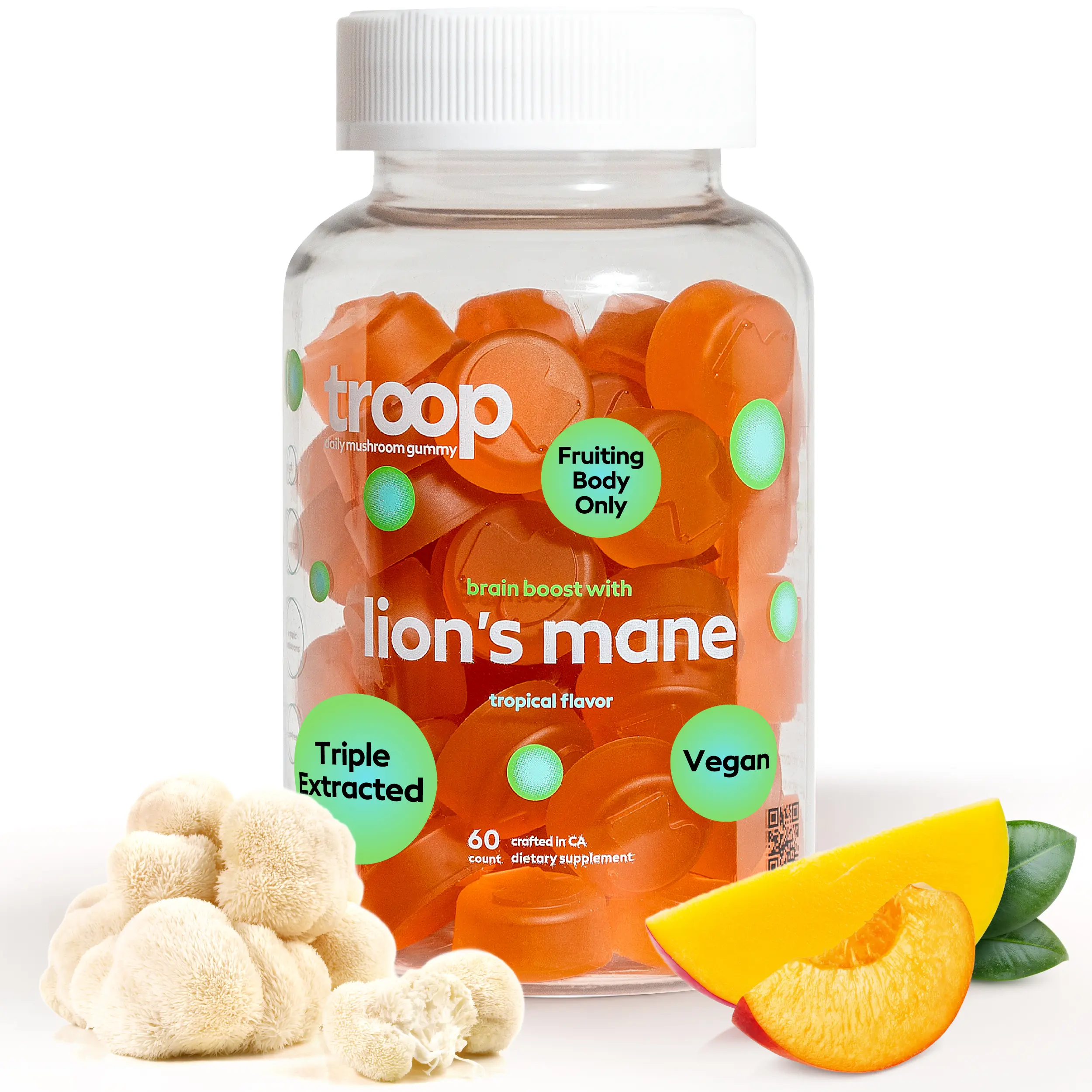 Troop Lion's Mane Mushroom Gummies for Focus Mental Clarity & Memory Supplement 7000mg Triple Extracted Vegan Tropical Flavor 60 Count Boosts NGF for Brain Health