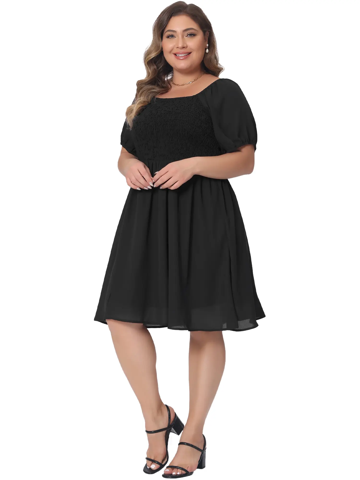 Agnes Orinda Plus Size Dress for Women Smocked Square Neck Short Sleeve Stretchy Midi Dress