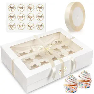 6 Pack Cupcake Boxes with Window for 24 Standard or Mini Cupcakes, White Cupcake Containers with Window for Birthday Holiday Party and Grad Party Dessert Packaging