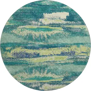HomeRoots 674997 8 ft. Round Emerald, Ivory & Teal Abstract Washable Area Rug with UV Protection – Giant, Shaped, Dual-Colored Household Textile Carpet, Dual-Colored Area Rugs, Giant Area Rugs