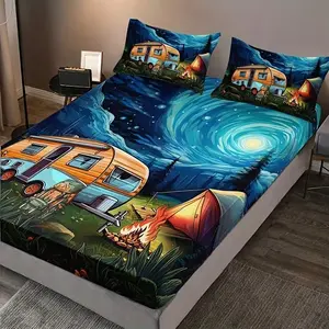 3PCS camping RV tent bed sheet set (1 bed sheet+2 pillowcases without pillow core), high-definition printing for home dormitories
