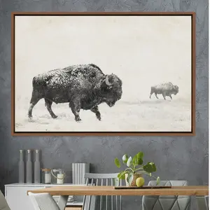 Vintage Art, Large Wall Art, Gift, Wall Decor, Poster Print Black & White Bison Buffalo Landscape Animals Wildlife Realism, Room Decor