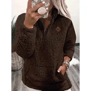 Patch Quarter Zip Pullover Teddy Sweatshirt, Fall/Winter Casual Long Sleeve Women's