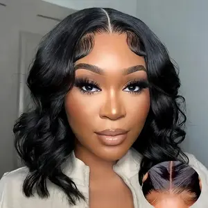 Nerkre 4x4 Body Wave Bob Wig Human Hair for Black Women 180 Density Glueless Pre Plucked Pre Cut HD Transparent Lace Cap Medium Size 22-22.5 Inch Natural Color