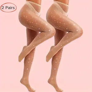 2 Pairs Women's Hotfix Fishnet Socks Set, Hollow-Waist Shiny Fishnet Stockings, Women's-Toe Tights, Anti-Snag Black Brown Beige Fishnet Socks, Women's Pantyhose Occasions