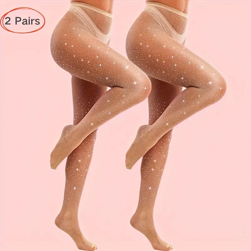2 Pairs Women's Hotfix Fishnet Socks Set, Hollow-Waist Shiny Fishnet Stockings, Women's-Toe Tights, Anti-Snag Black Brown Beige Fishnet Socks, Women's Pantyhose Occasions