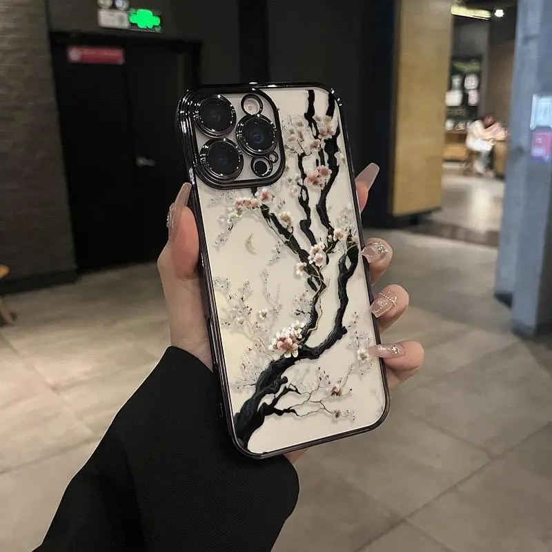 White Cherry Blossom & Wildflower Pattern Electroplated TPU Smartphone Casing for iPhone 16/15 Pro Max/14/13/12/11/XR/XS Plus - Shockproof, Non-Slip, Transparent Acrylic, Waterproof, Camera Lens Protector Cellphone Devices Accessory