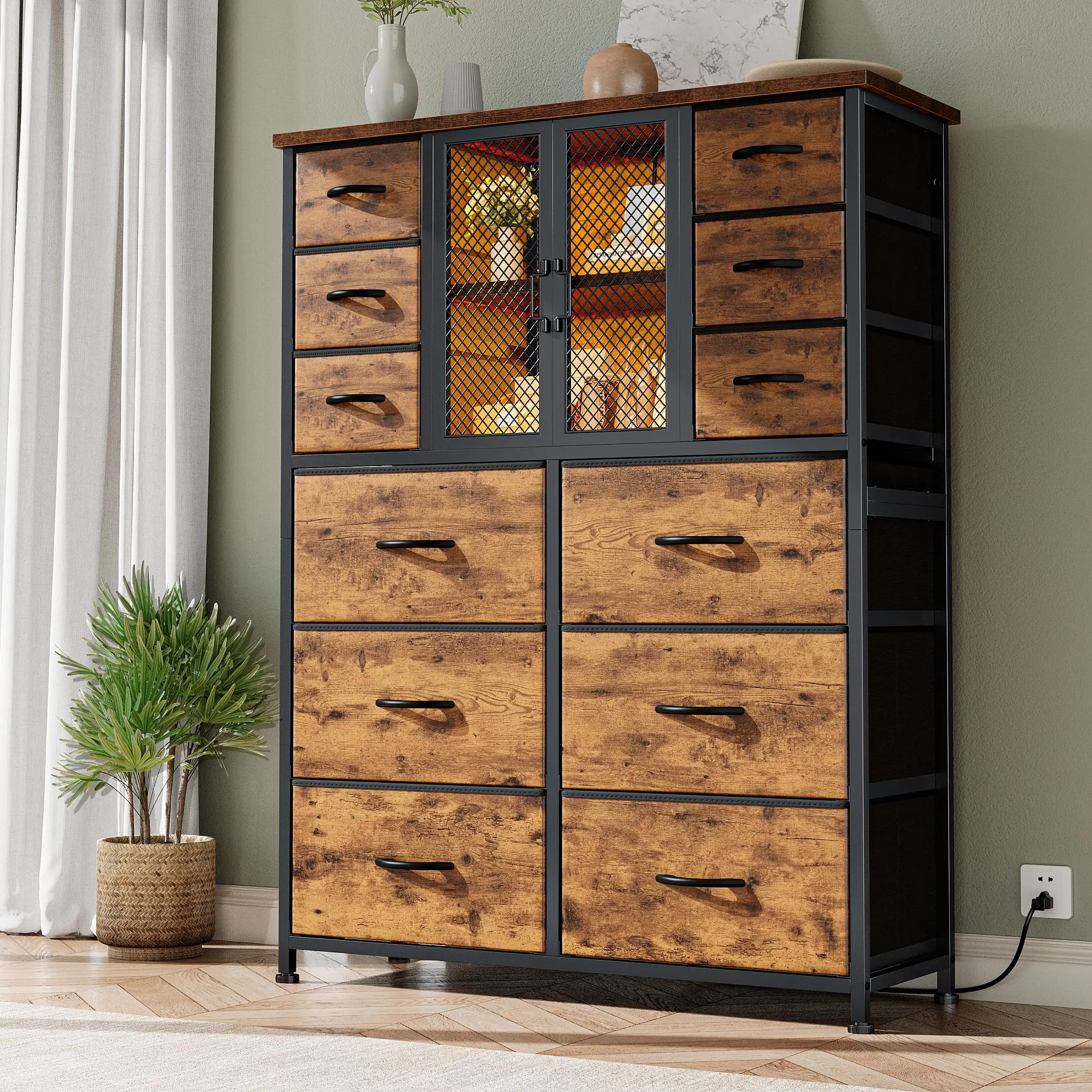 RaybeeFurniture Tall Dresser with 12 Drawers Dresser for Bedroom, with Charging Station & LED Lights & Mesh Door, Fabric Dressers & Chests of Drawers,