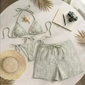 [Hot Summer 2026] - Matching Couple Swimwear Set Beige Bikini and Hawaiian Shorts Clean Beach Fit