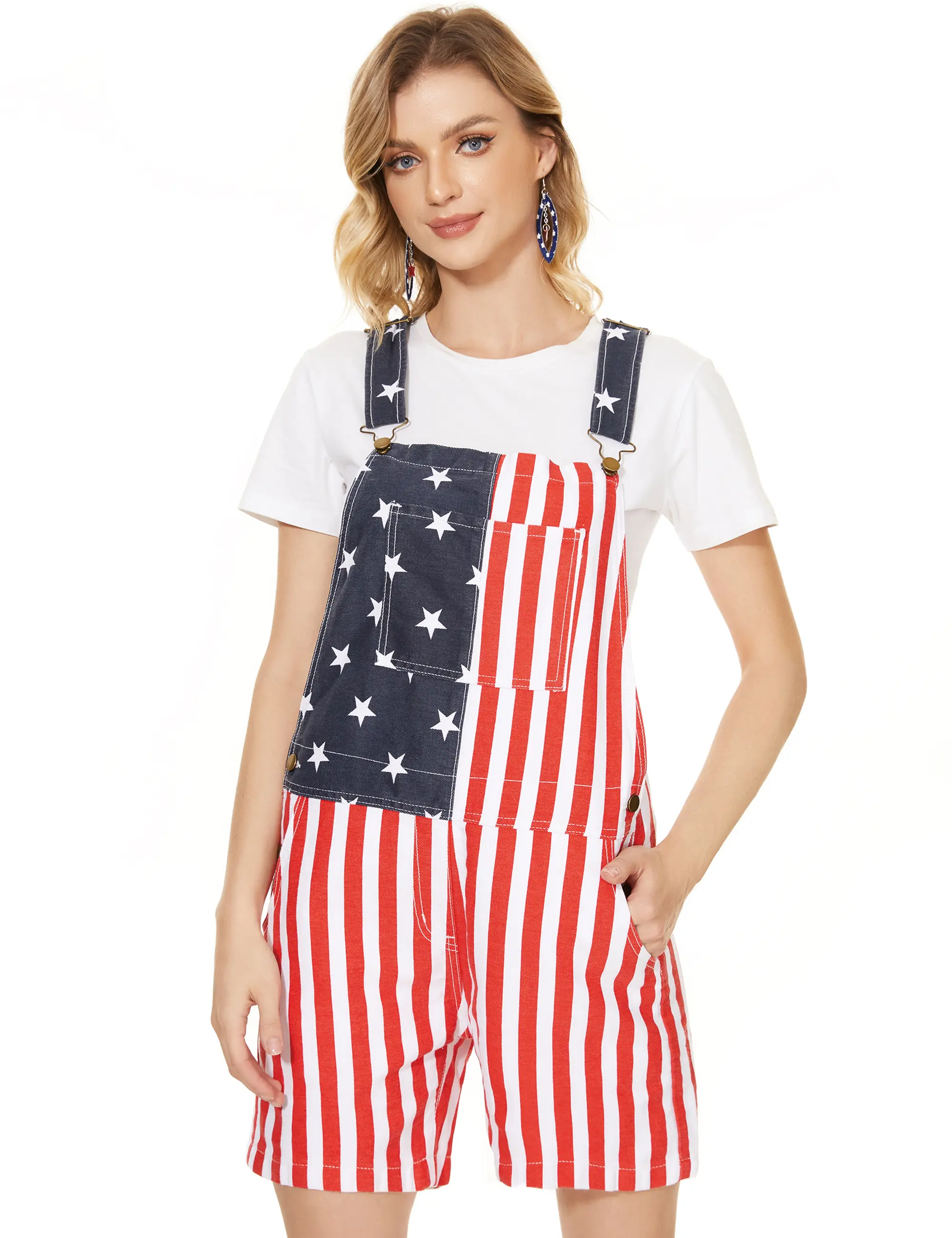 Yuanbang Unisex American Flag Overalls Shorts Men's and Women's 4th of July USA Independence Day Stretchy Denim Romper Memorial Day Coveralls Patriotic Gifts Workwear Summer Jumpsuits Stars Stripes Print Fashion Womenswear Daily Outdoor Outfits