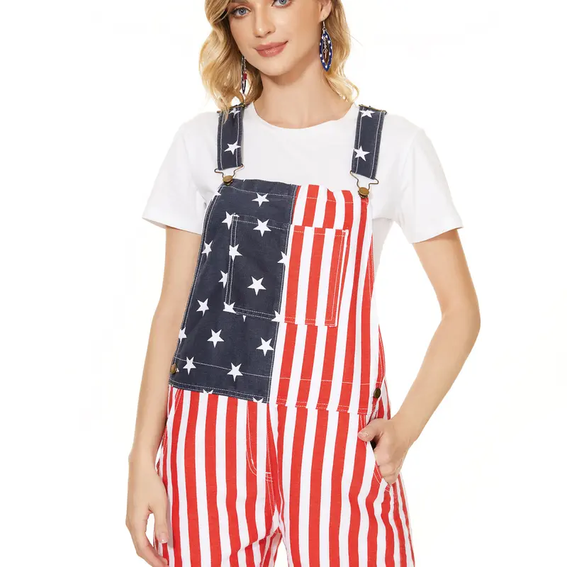 YUANBANG Unisex Medium Stretch Durable Denim Overalls Shorts with Button, Patriotic American Flag Stars Stripes Print for 4th of July USA Independence Day, Great Gift Ideas, Place in Laundry Bag, Summer Workwear Outdoor Outfits