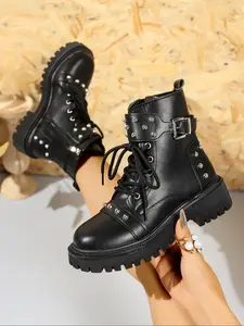Elegant Women's Platform Combat Boots, Slip-Resistant Side Zipper Lace-Up Short Booties, Perfect for Daily Wear & Outdoor Adventures, Studded Boots