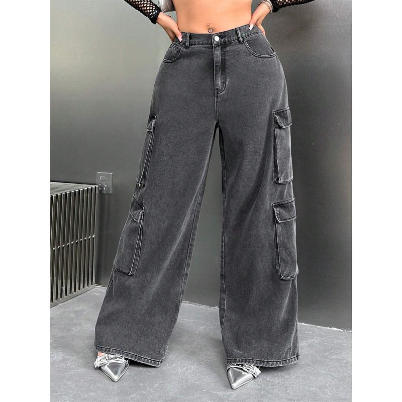 SHEIN X Virginia & Zefelipe Y2K High Waist Black Cargo Pocket plus Size Straight Leg Jeans SHEIN