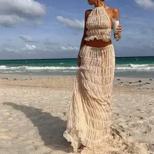Women Boho Sexy Backless Matching Suit 2 Piece Beach Holiday Outfits Vintage Ruched Halter Cami Tops + Maxi Long Skirt Party vestido de noche✨ butten  hancing  shorts summer woman plus size travel knee high stockings fit clubbing dress warm autumn doen