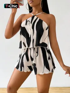 Elegant Women's Fashion Halter Neck Off-Shoulder Plaid Shorts Set Summer, Stylish Casual Wear for Daily Use, Striped Sets