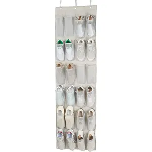 24 Pocket Over The Door Hanging Shoe Organizer, Space Saving Mesh Storage Rack for Shoes, Sandals, Slippers and Household Items - Light Grey